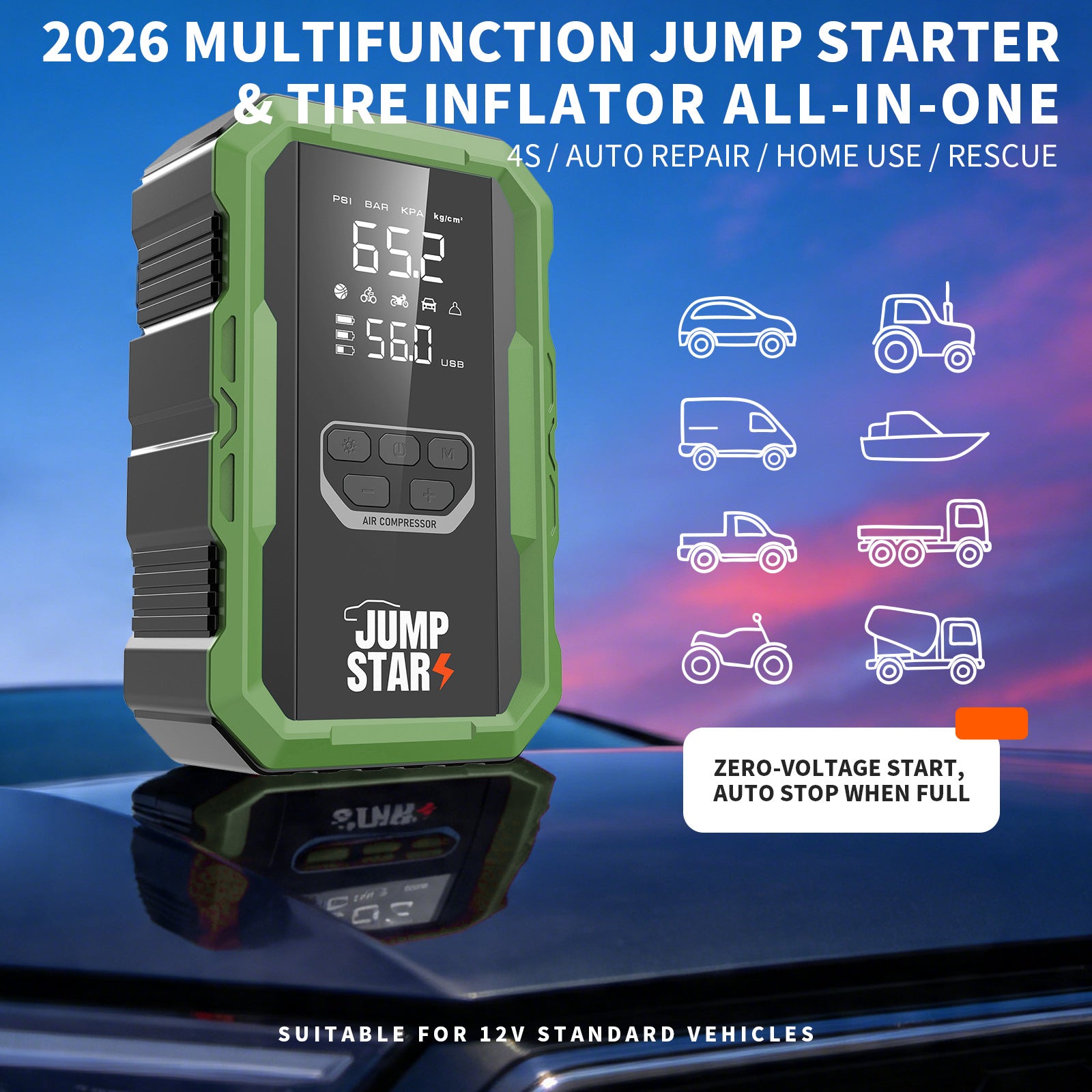 Car Jump Starter with Air Compressor and Wireless Charger